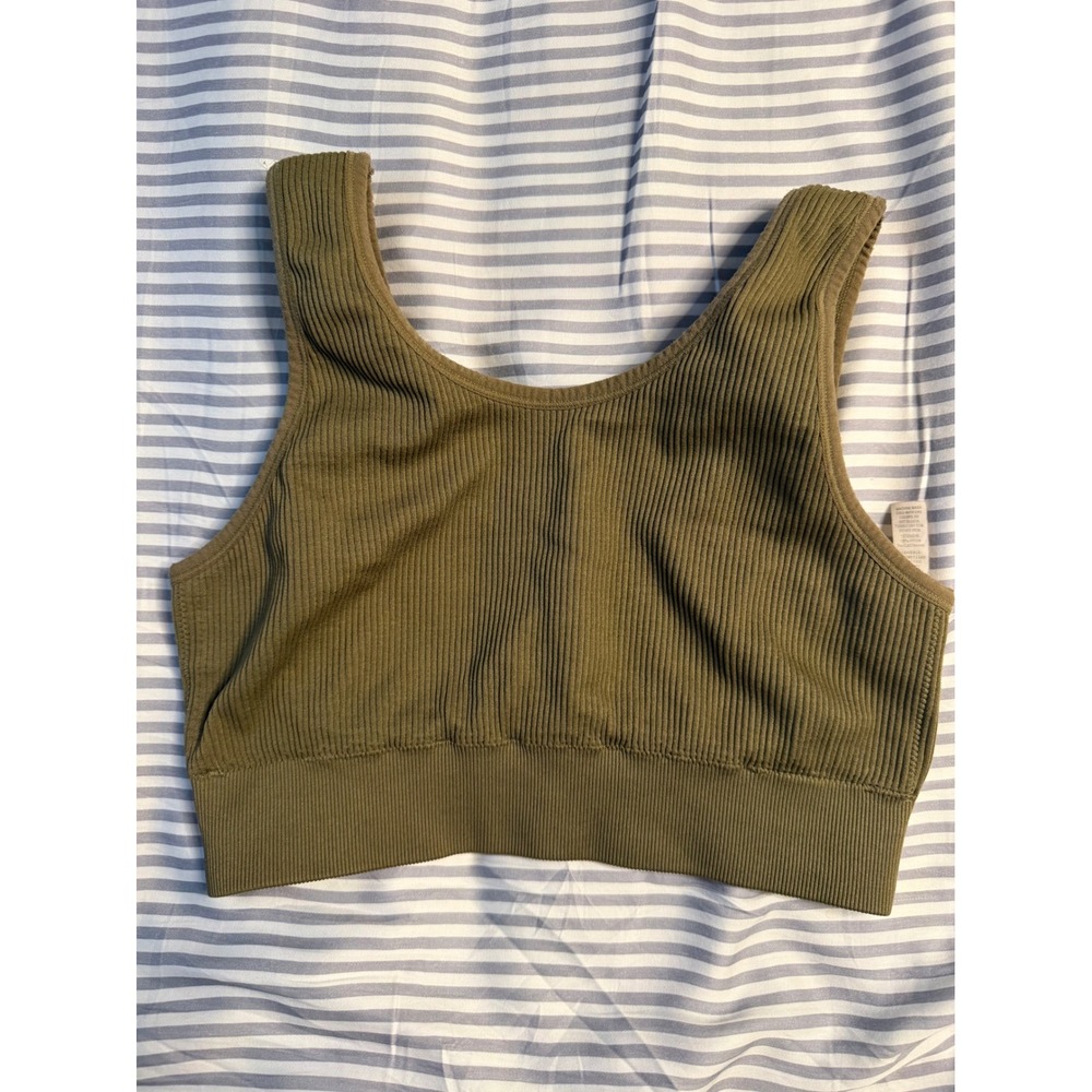 Aerie Ribbed Seamless Sports Bra Olive Green Scoop Neck Bralette XL RN54485
